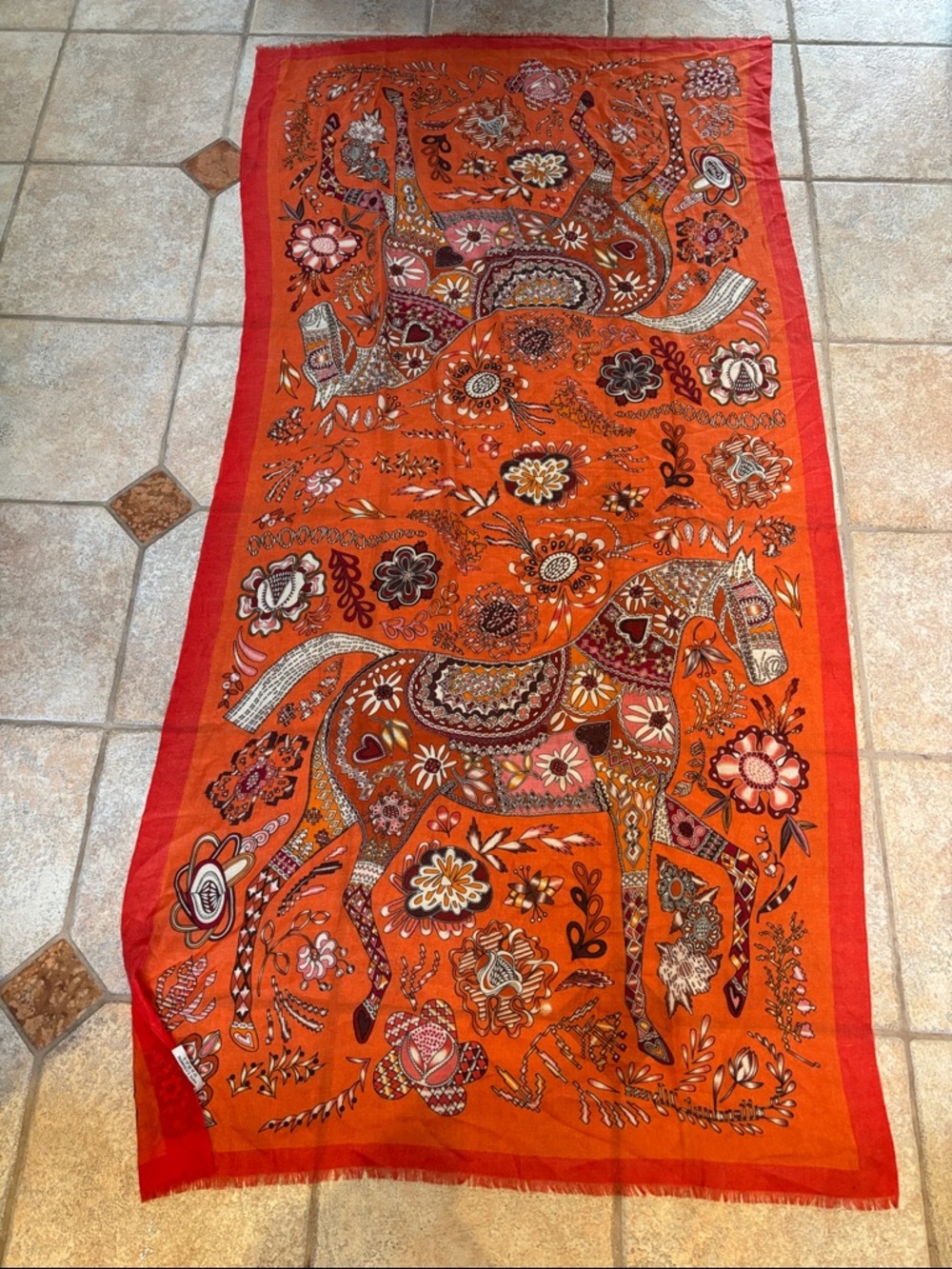 CASHMERE Vibrant Orange Floral Horse Print Scarf Wrap-GORGEOUS